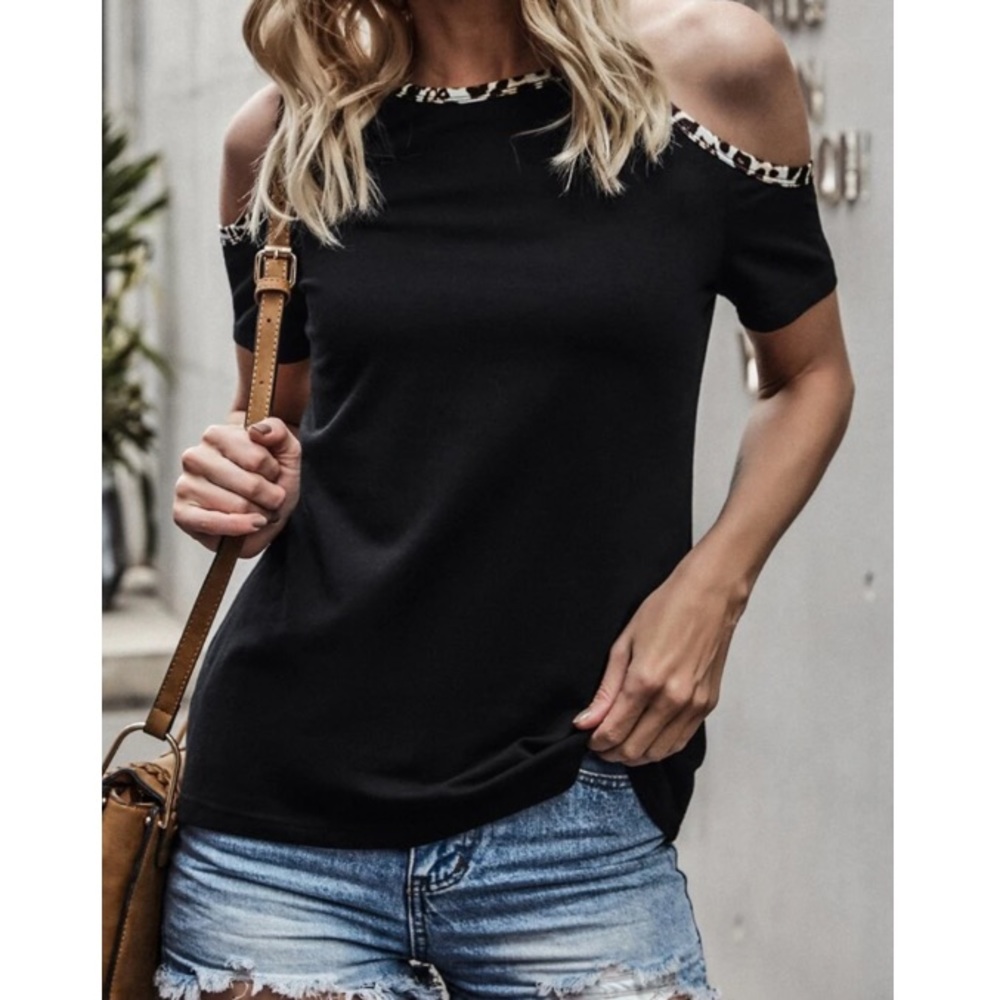Boho gray leopard contrast cold shoulder blouse